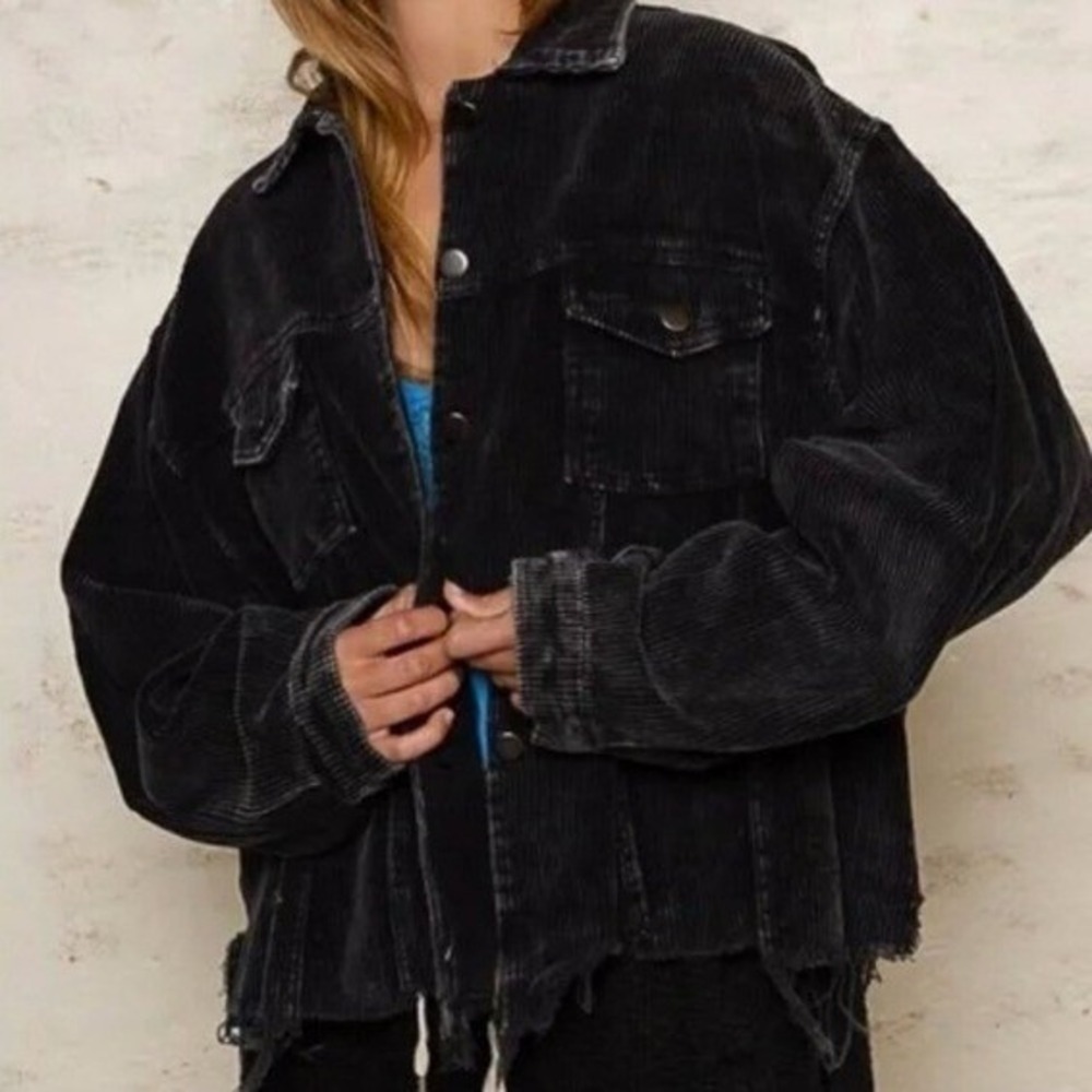 POL Black Mineral Wash Corduroy Raw Hem Oversized‎ Shacket Jacket HFJ57 Small